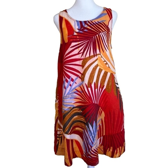 NWT C&C California 100% Linen Shift Dress Red w Tropical Print Beach Summer Sz S - Picture 1 of 16